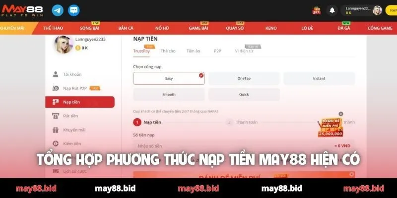 Tổng hợp phương thức nạp tiền MAY88 hiện có
